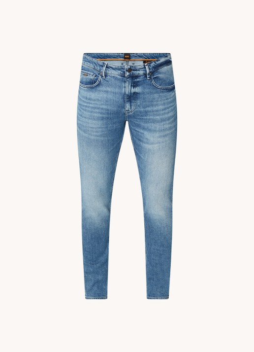 BOSS Delano slim tapered jeans met medium wassing - voorkant 2 indigo