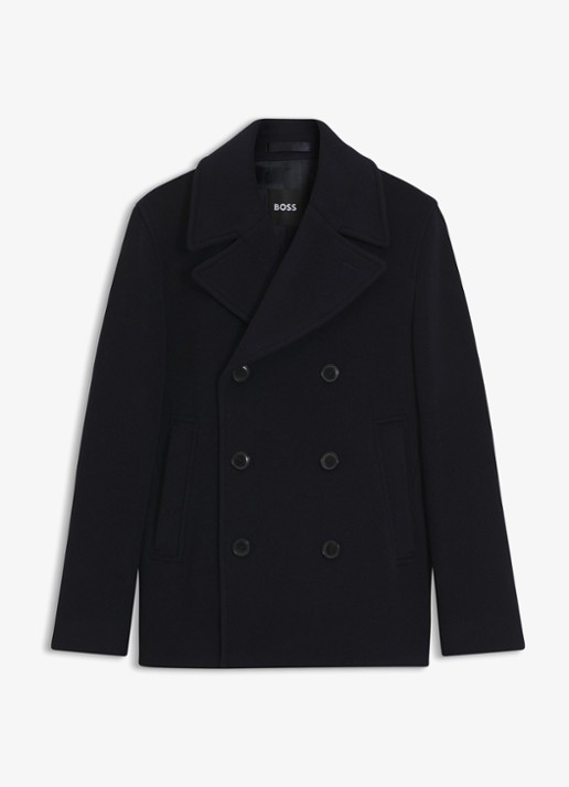 BOSS Double breasted mantel in wolblend met steekzakken - voorkant donkerblauw