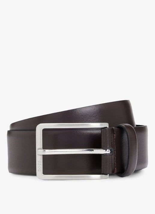 BOSS Erman-L riem van leer  - voorkant donkerbruin