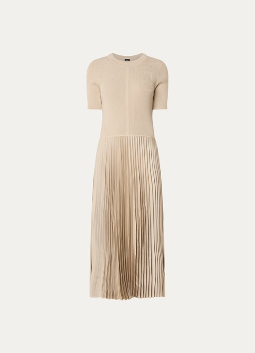 BOSS Fadridi ribgebreide midi jurk met plissé - voorkant 2 beige
