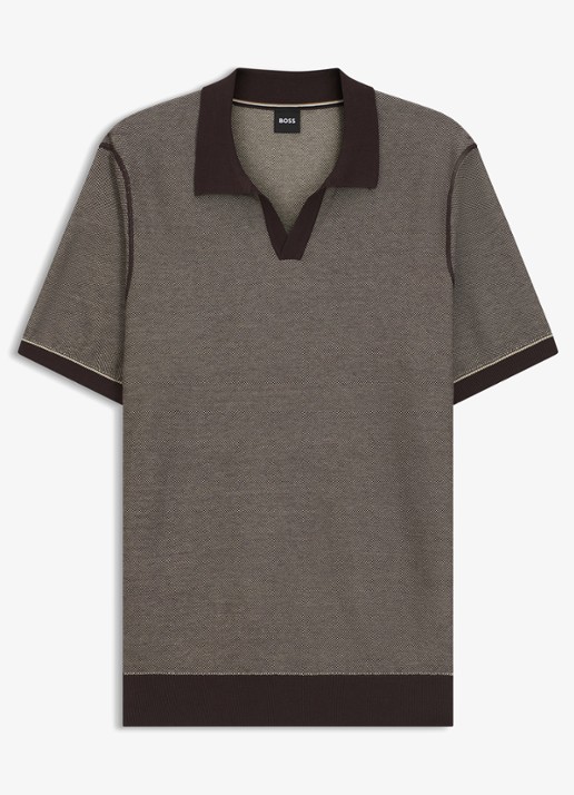 BOSS Fijngebreide polo met polokraag - voorkant dark brown-207 / bruin
