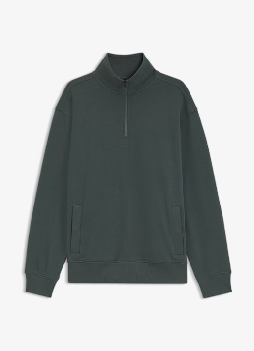 BOSS Fijngebreide sweater met halve rits - voorkant 2 donkergroen