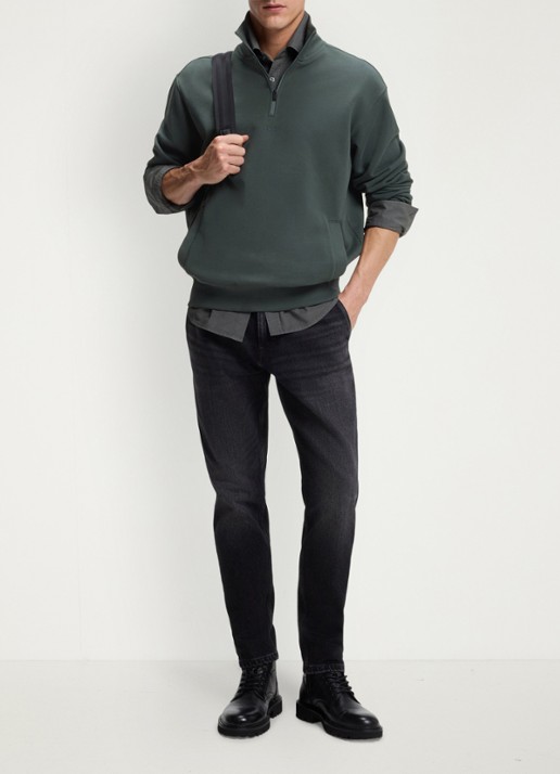 BOSS Fijngebreide sweater met halve rits - voorkant 3 donkergroen