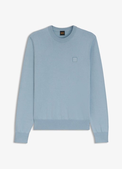 BOSS Gebreide trui van katoen en kasjmier met logolabel - voorkant 3 light/pastel blue-458 / lichtblauw
