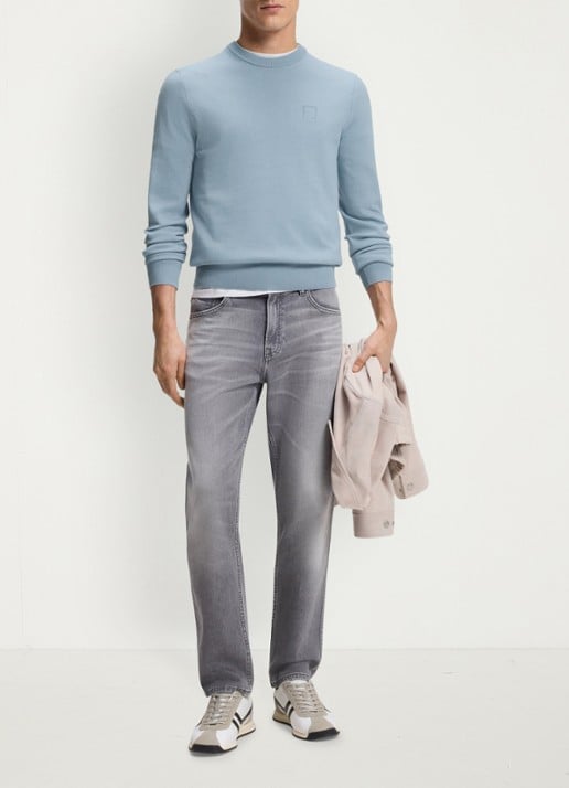 BOSS Gebreide trui van katoen en kasjmier met logolabel - voorkant 4 light/pastel blue-458 / lichtblauw
