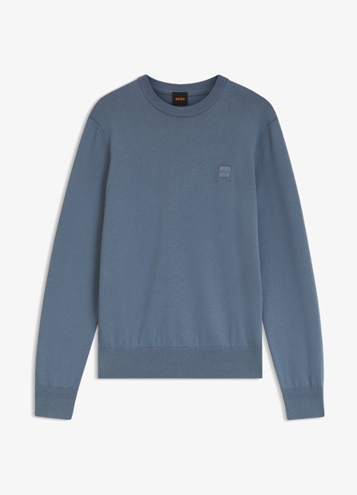 BOSS Gebreide trui van katoen en kasjmier met logolabel - voorkant 4 medium blue-424 / blauw