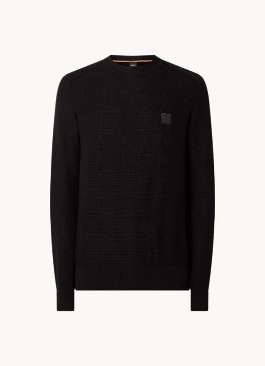 BOSS Gestructureerde met logopatch van katoen en kasjmier - voorkant black-001 / zwart