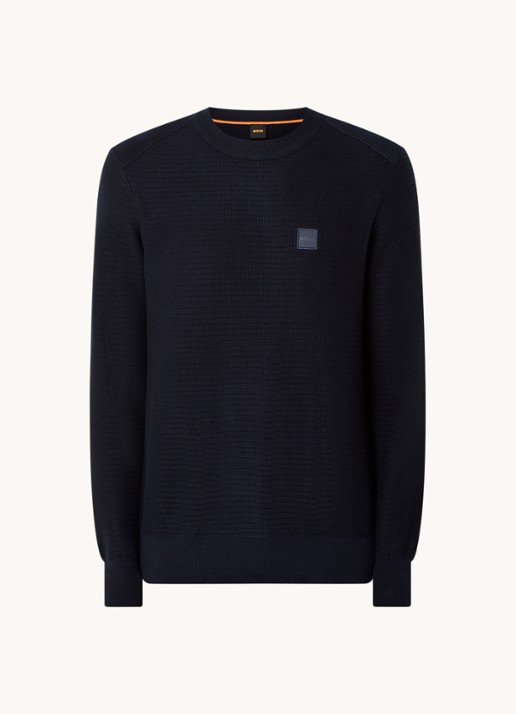 BOSS Gestructureerde met logopatch van katoen en kasjmier - voorkant 3 dark blue-404 / blauw