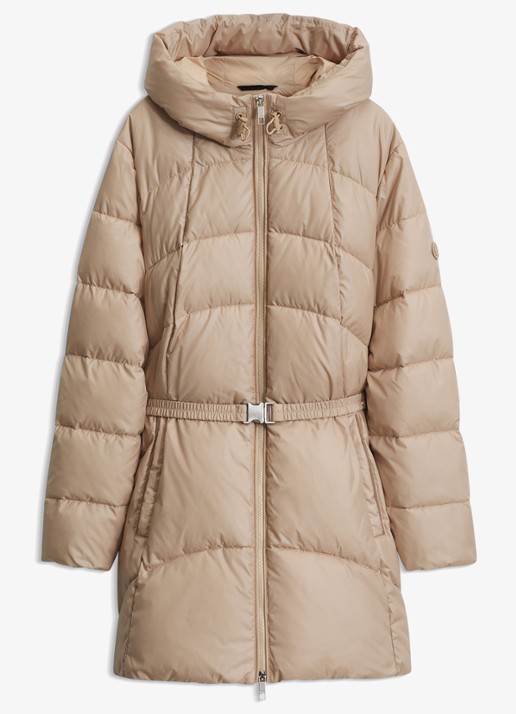 BOSS Gewatteerde parka met capuchon en afneembare riem - voorkant beige