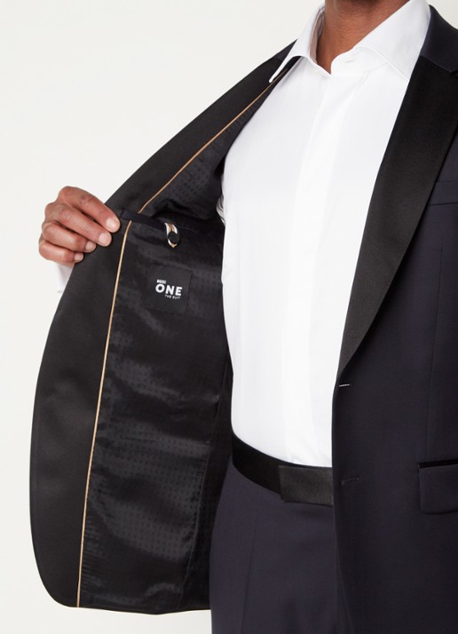 BOSS H-Huge-Tux slim fit colbert van wol met details van satijn - detail 3 donkerblauw
