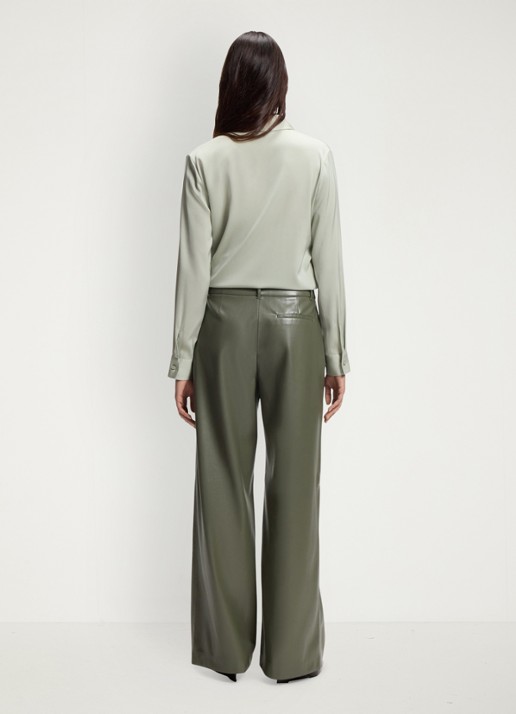 BOSS High waist wide fit pantalon van imitatieleer - achterkant 6 donkergroen