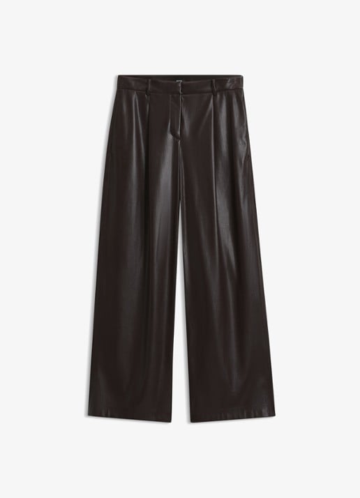 BOSS High waist wide fit pantalon van imitatieleer - voorkant 2 bruin