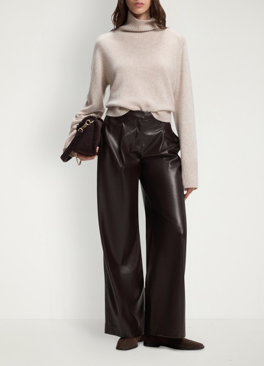 BOSS High waist wide fit pantalon van imitatieleer - voorkant 3 bruin