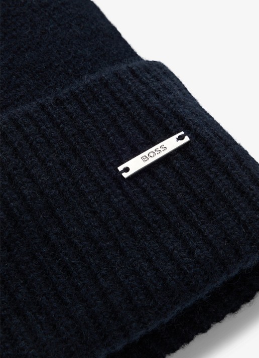 BOSS Honesto fijngebreide muts van kasjmier met logo - detail 2 dark blue-404 / blauw