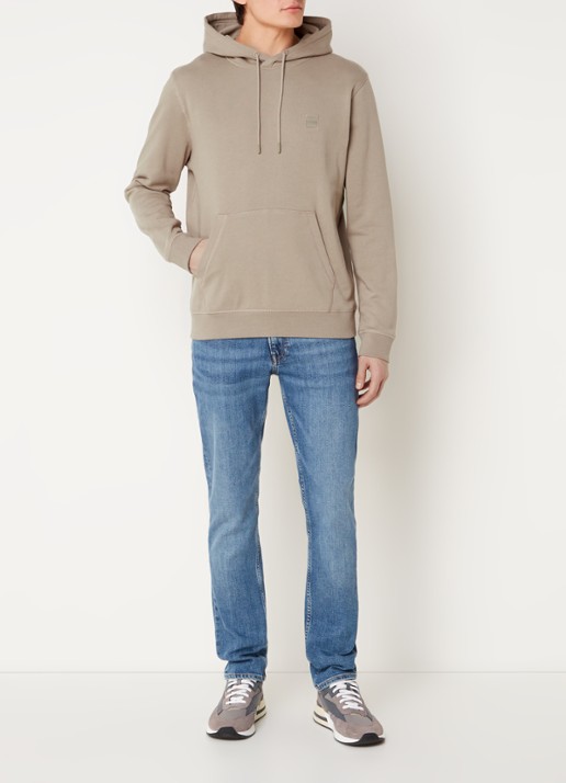 BOSS Hoodie van katoenen sweatstof met logopatch - voorkant 3 lichtbruin