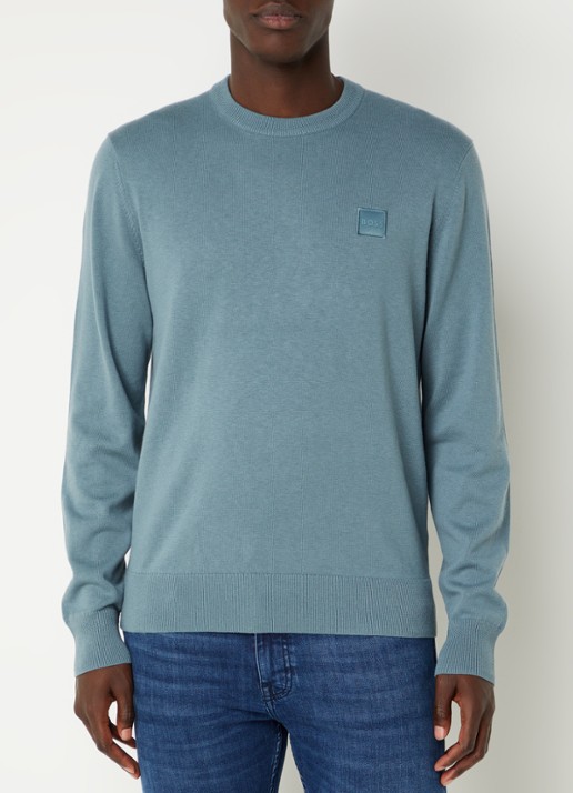BOSS Kanovano fijngebreide pullover in kasjmierblend met logo  - detail staalblauw