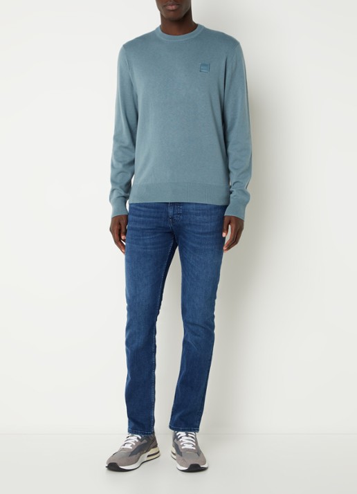 BOSS Kanovano fijngebreide pullover in kasjmierblend met logo  - voorkant 3 staalblauw