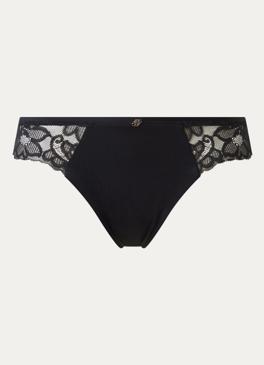 BOSS Kanten slip met mesh plooitjes en goudkleurig bedeltje - voorkant 2 black-001 / zwart