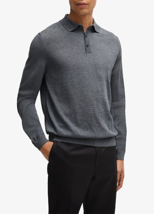 BOSS Lancione fijngebreide regular fit polo van wol - detail middengrijs