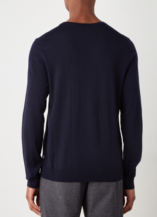 BOSS Leno-P fijngebreide pullover van scheerwol  - achterkant 3 donkerblauw