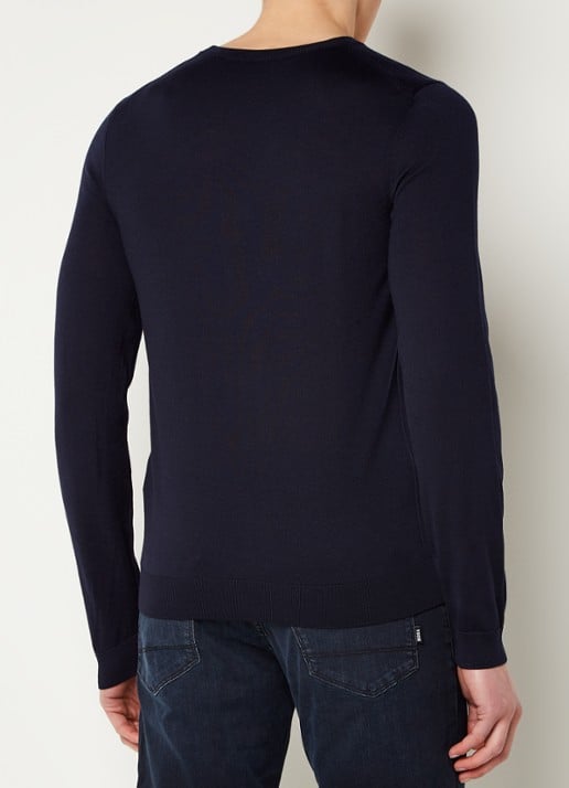 BOSS Melba-P fijngebreide pullover van scheerwol met V-hals - achterkant 3 donkerblauw