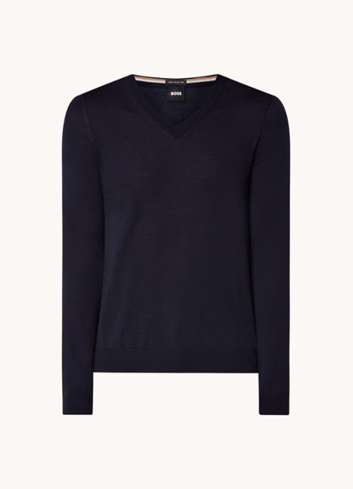 BOSS Melba-P fijngebreide pullover van scheerwol met V-hals - voorkant donkerblauw