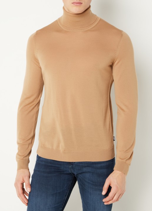 BOSS Musso-P fijngebreide trui van scheerwol met col - detail beige