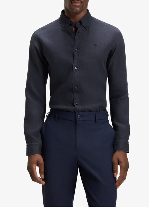BOSS P-Roan slim fit overhemd van linnen - detail 3 donkerblauw