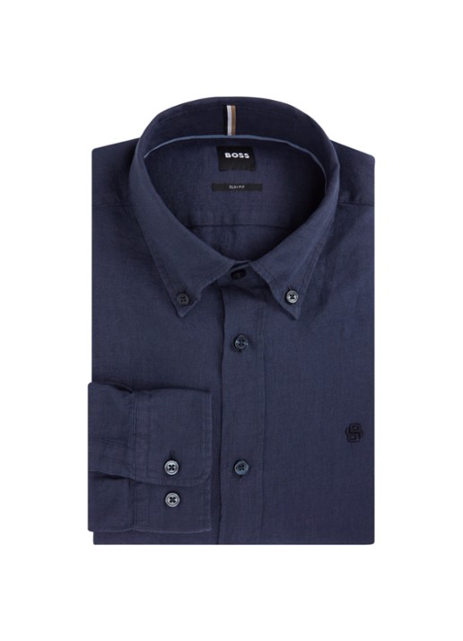 BOSS P-Roan slim fit overhemd van linnen - voorkant donkerblauw