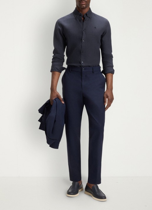 BOSS P-Roan slim fit overhemd van linnen - voorkant 2 donkerblauw