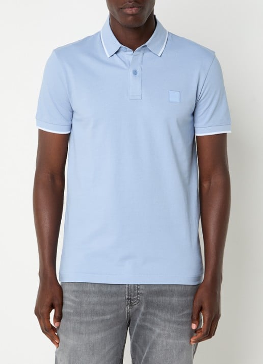 BOSS Passertip slim fit polo van piqué katoen met logo - detail 4 lichtblauw