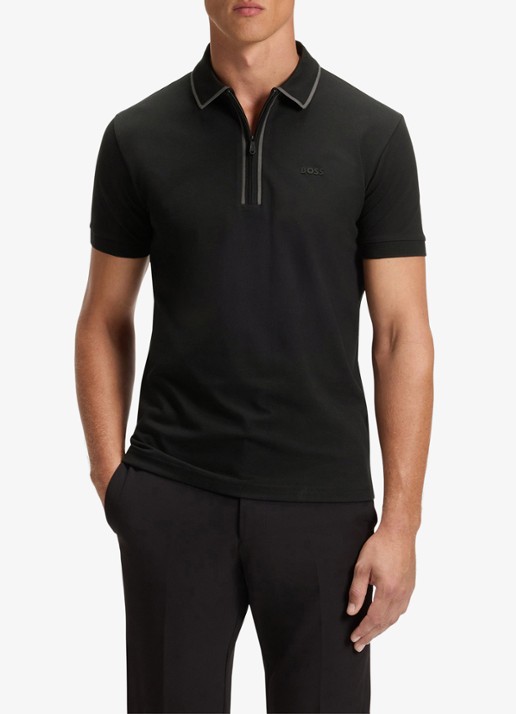 BOSS Phillix Tape regular fit polo van piqué katoen met logo - detail zwart