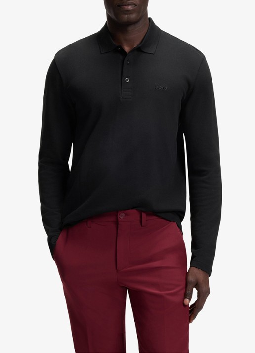 BOSS Polo van katoenpiqué met contrastlogo - detail zwart