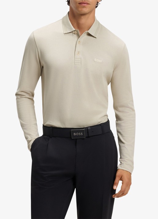 BOSS Polo van katoenpiqué met contrastlogo - detail 4 beige