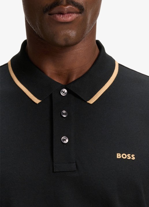 BOSS Poloshirt van katoenpiqué met contrasterende bies - detail 5 zwart