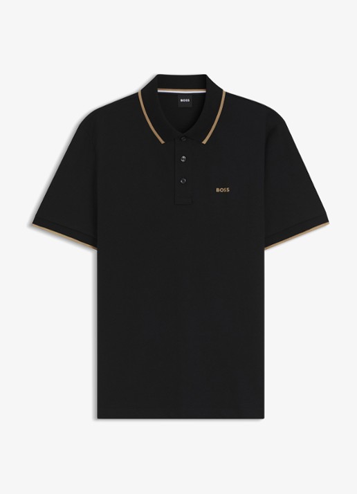 BOSS Poloshirt van katoenpiqué met contrasterende bies - voorkant zwart