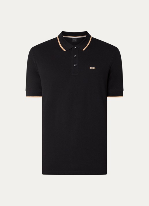 BOSS Poloshirt van katoenpiqué met contrasterende bies - voorkant 3 zwart