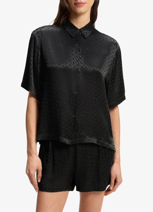 BOSS Pyjamashirt van satijn met monogramjacquard - detail 3 zwart