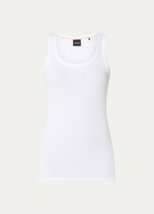 BOSS Ribgebreide tanktop met logoborduring - voorkant wit
