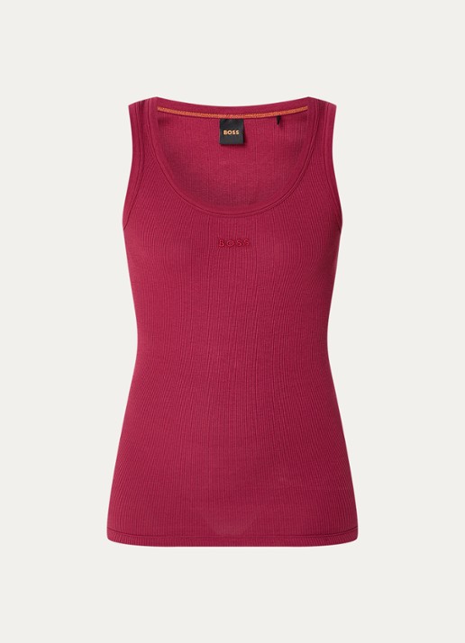 BOSS Ribgebreide tanktop met logoborduring - voorkant 2 bordeauxrood