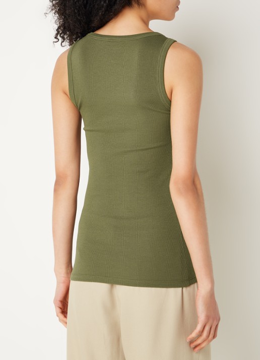 BOSS Ribgebreide tanktop met logoborduring - achterkant 2 olijfgroen