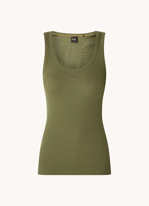 BOSS Ribgebreide tanktop met logoborduring - voorkant 3 olijfgroen