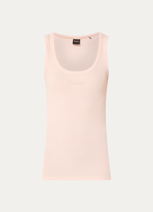 BOSS Ribgebreide tanktop met logoborduring - voorkant lichtblauw