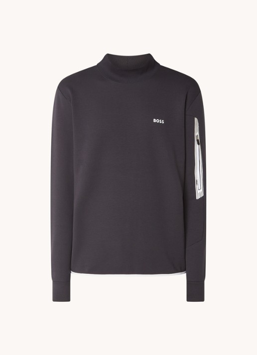BOSS Salbock sweater met logo en col - voorkant donkerblauw