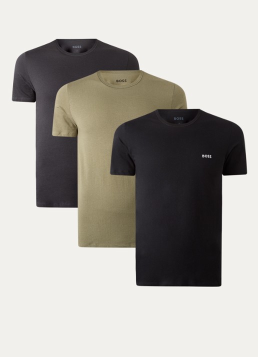 BOSS Set van drie katoenen T-shirts met logostiksel - voorkant 2 legergroen