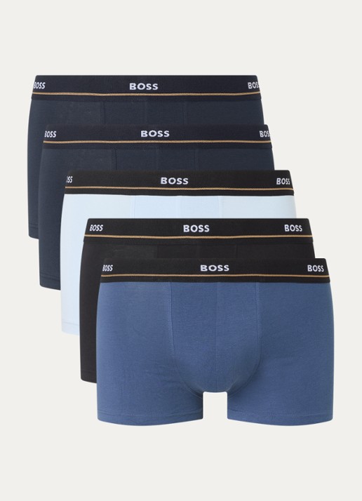 BOSS Set van vijf korte boxershorts met logotailleband van stretchkatoen - voorkant donkerblauw
