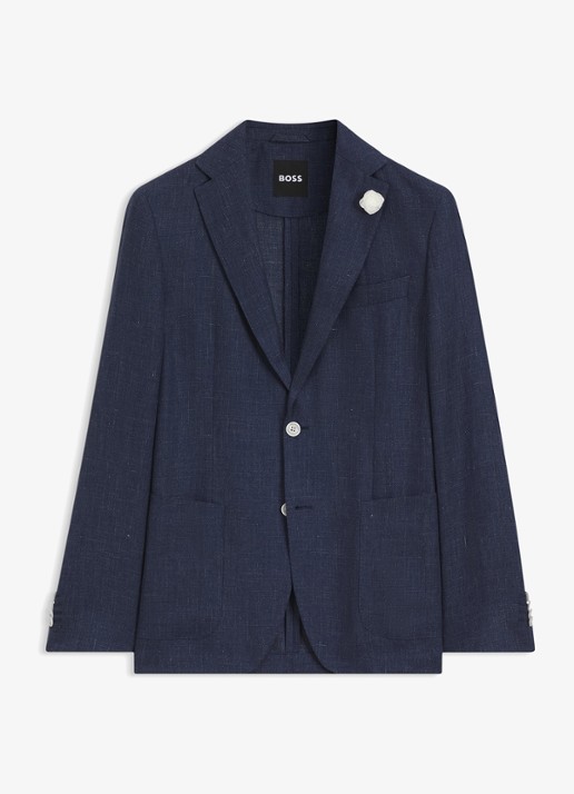 BOSS Slim-fit blazer in linnenblend met opgestikte zakken - voorkant lichtblauw