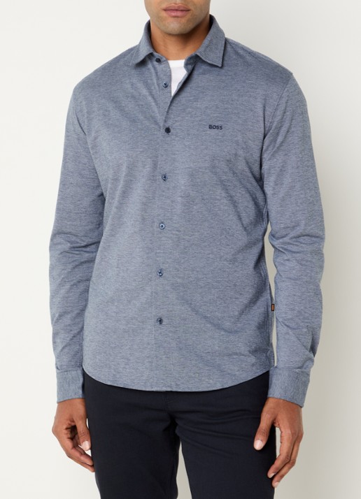 BOSS Slim-fit overhemd van gemêleerde katoenen jersey - detail 4 blauw