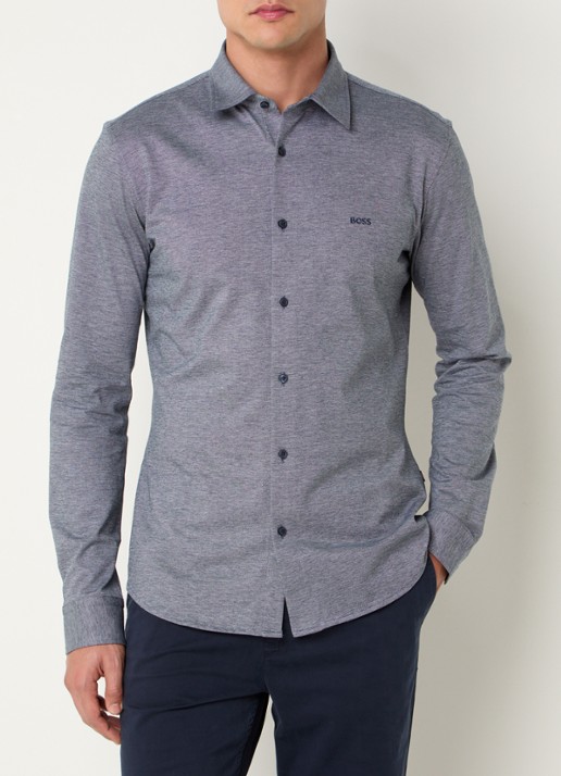 BOSS Slim-fit overhemd van gemêleerde katoenen jersey - detail 4 donkerblauw