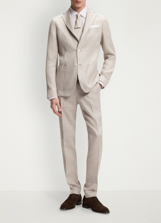 BOSS Slim fit pantalon in linnenblend met persplooi en steekzakken - voorkant 3 open grey-068 / grijs